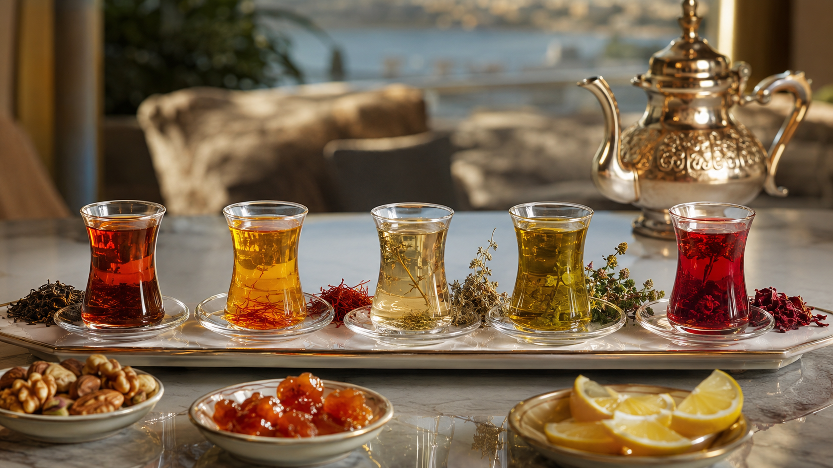 Five Azerbaijani teas in armudu glasses — black tea, saffron, lemon thyme, mountain herbs and a red seasonal infusion — with a silver teapot, preserves, nuts and lemon