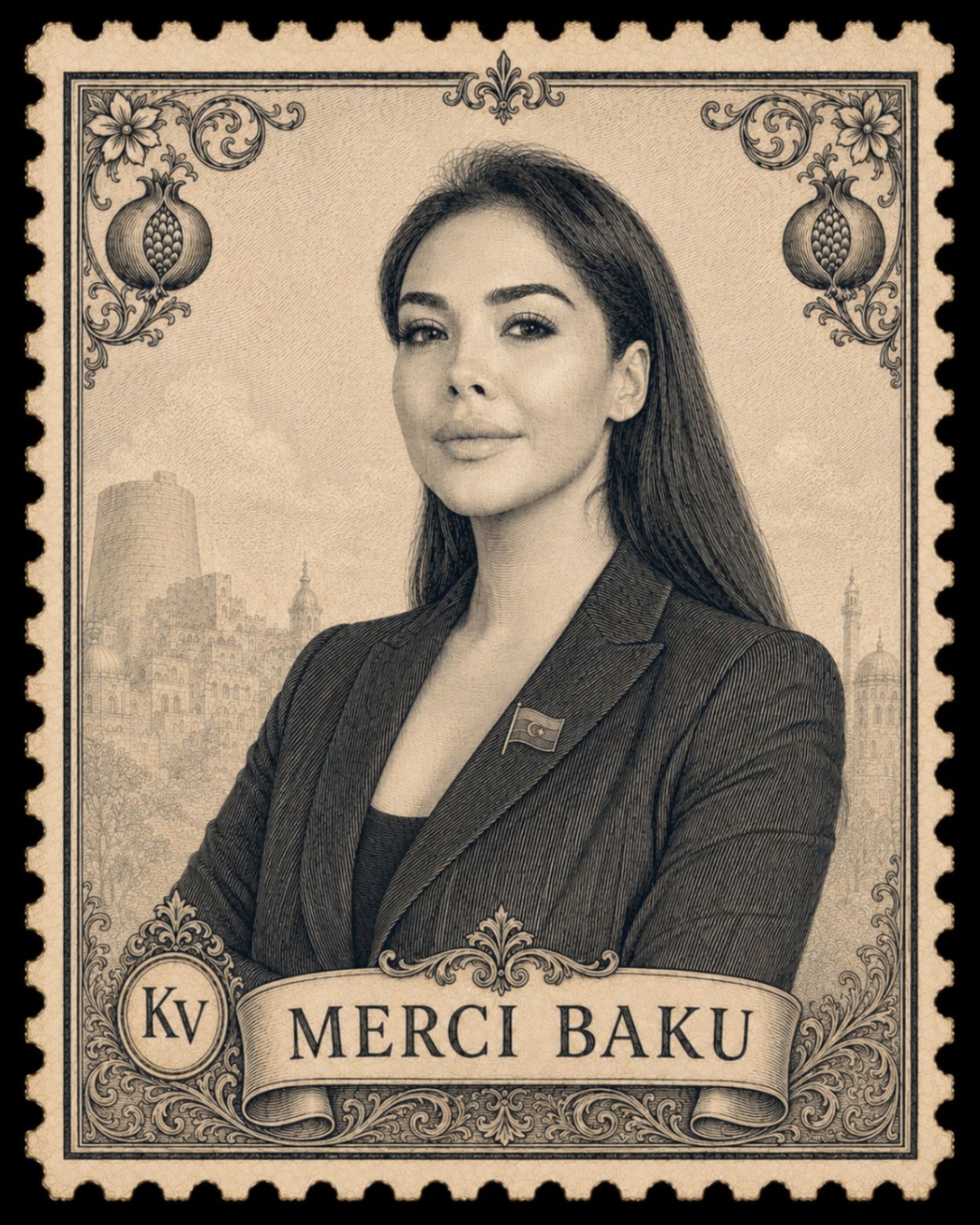 Engraved commemorative stamp portrait of Kamila Verdiyeva, founder of Merci Baku