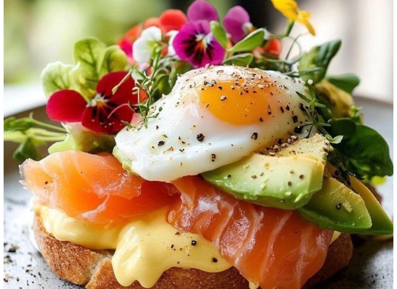 Toasted sourdough with cured salmon, avocado, poached egg and edible flowers
