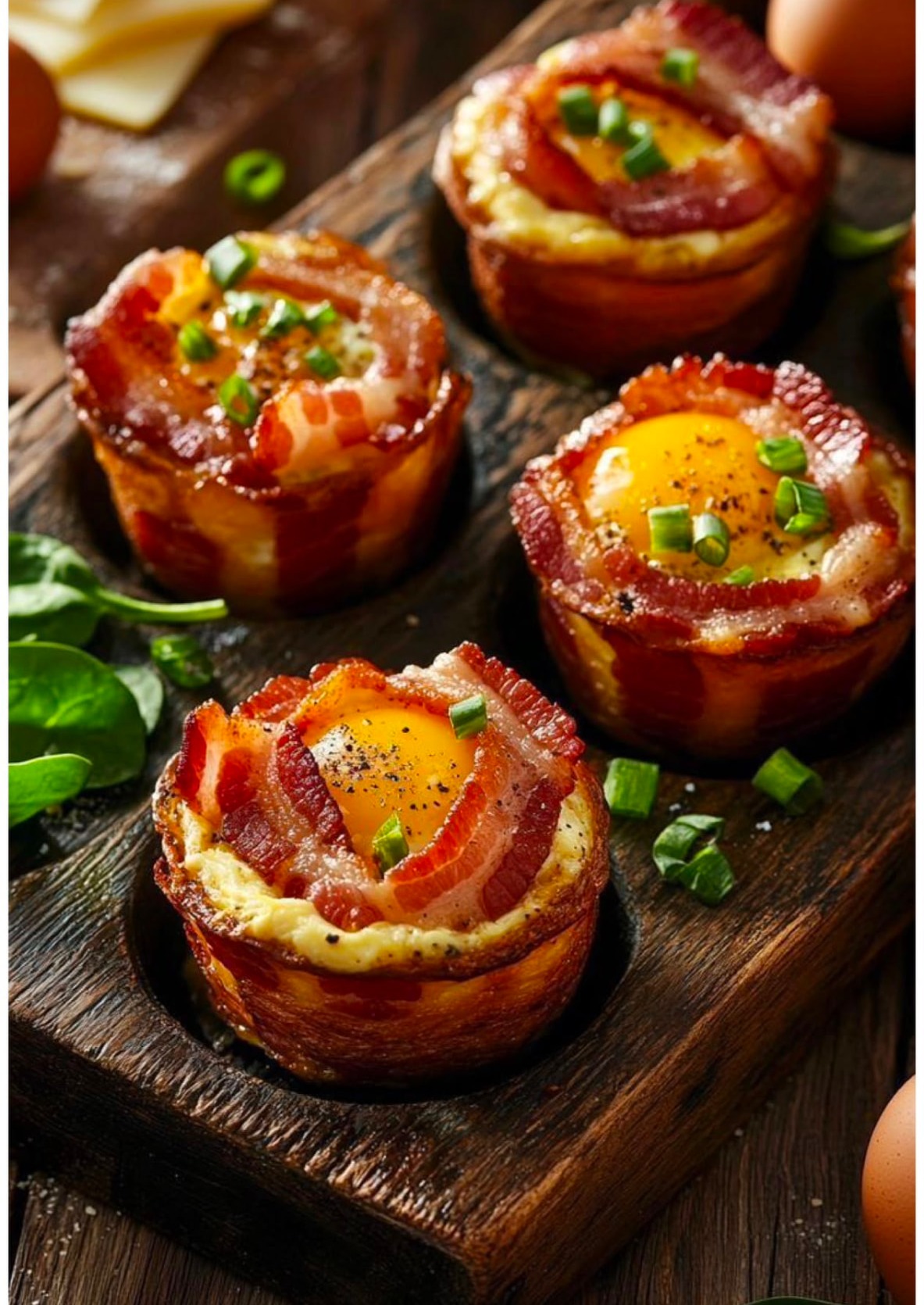 Baked eggs wrapped in bacon served on a dark wooden board