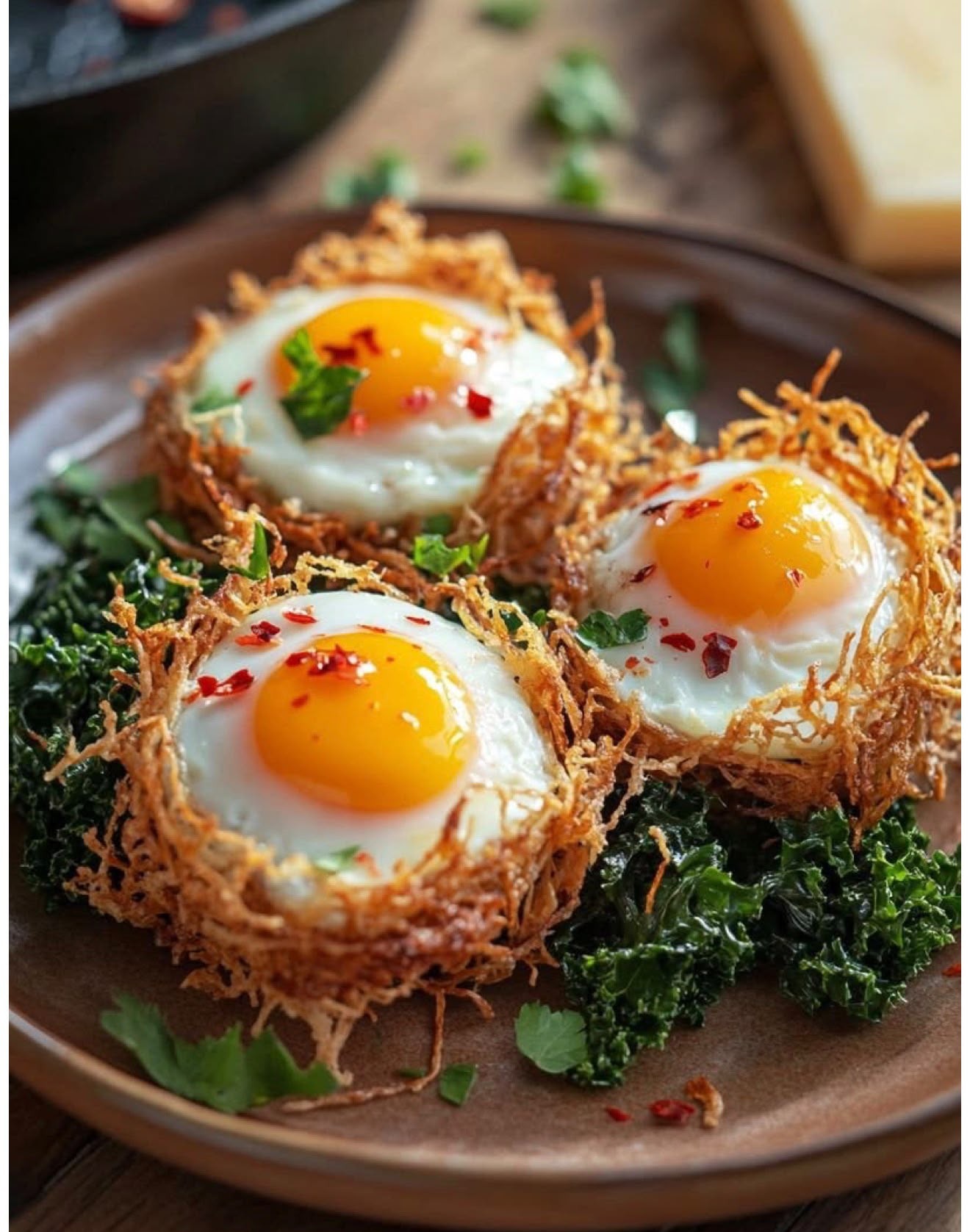 Crisp potato nests with baked eggs, chilli and greens on a ceramic plate